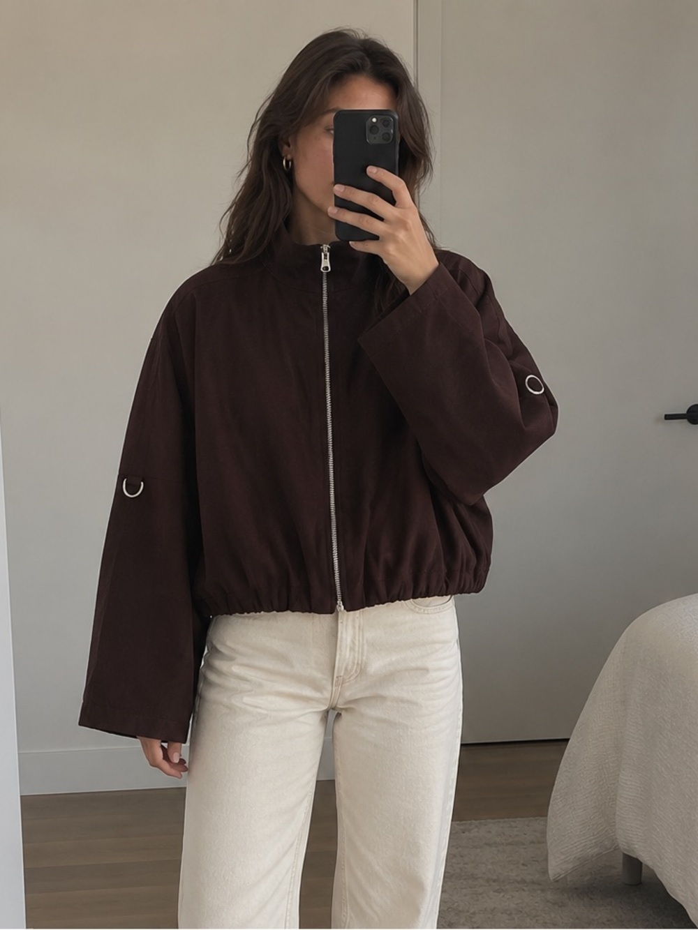 H&M Dark Rust Brown Oversized Bubble-Hem Zip Jacket